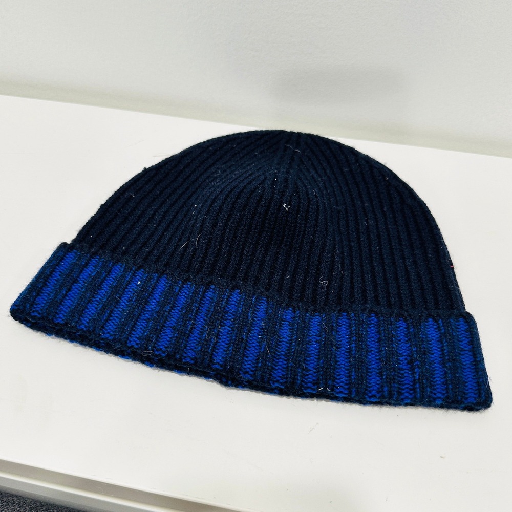 Hugo‎ Boss Mens Ribbed Knit Beanie Navy Blue Striped Cuff Watch Cap Hat 10192302